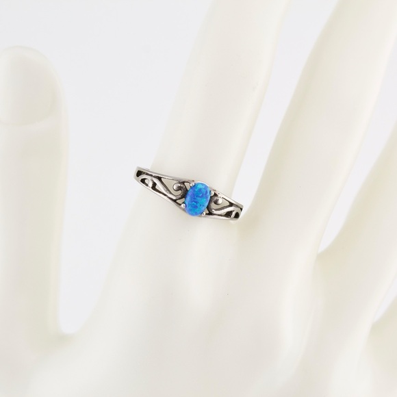 Estate Synthetic Blue Opal Silver Tone Ring Size 8 - Picture 2 of 5